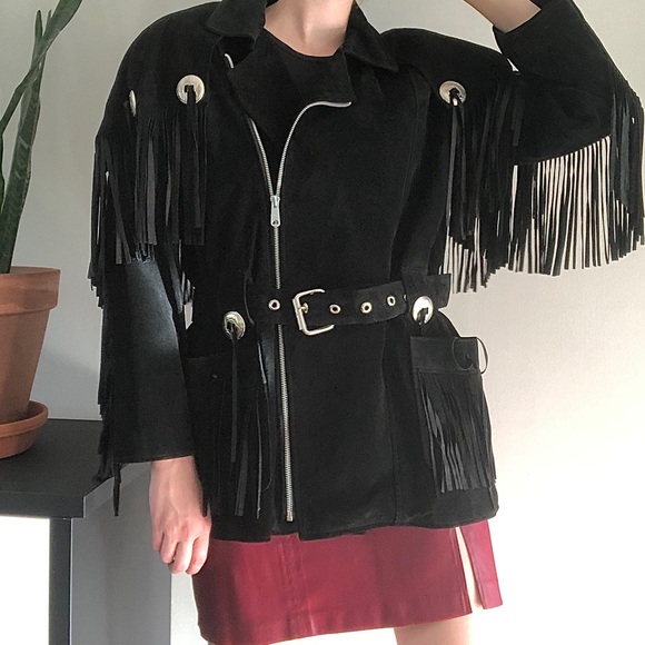S/M/L 90's western black suede coat /fringe + cape - Picture 7 of 16